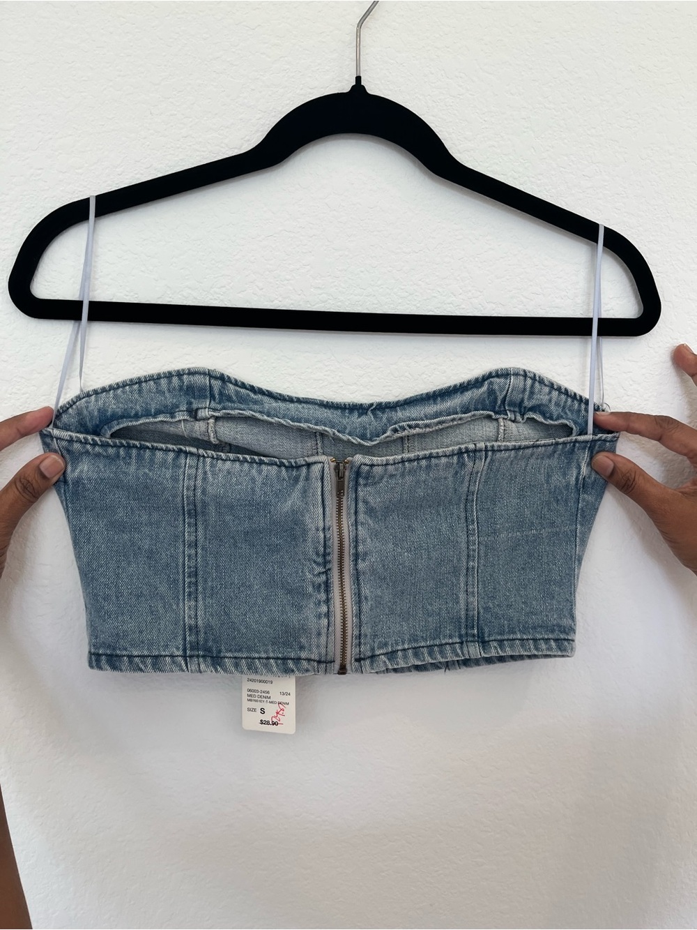 Windsor Denim Zip-Front Strapless Crop Top - Light Blue Unused